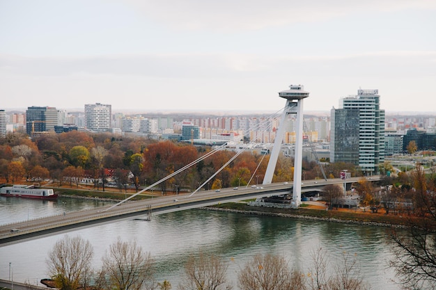 Ufo Bridge over the Danube in Bratislava the capital of Slovakia View from the castle of