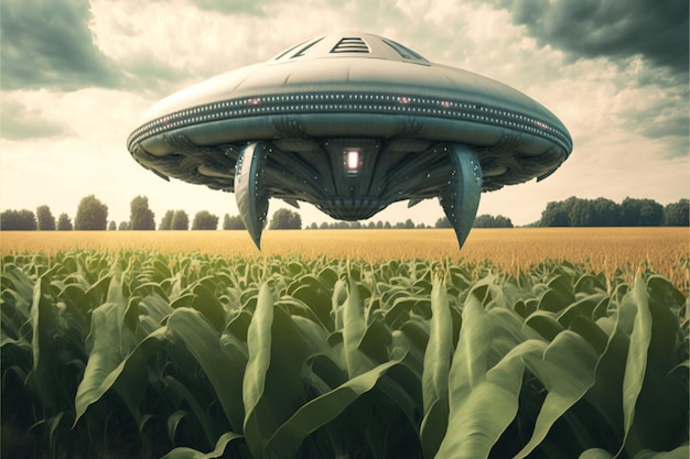 an ufo in a corn field with a sign that says " ufo ".