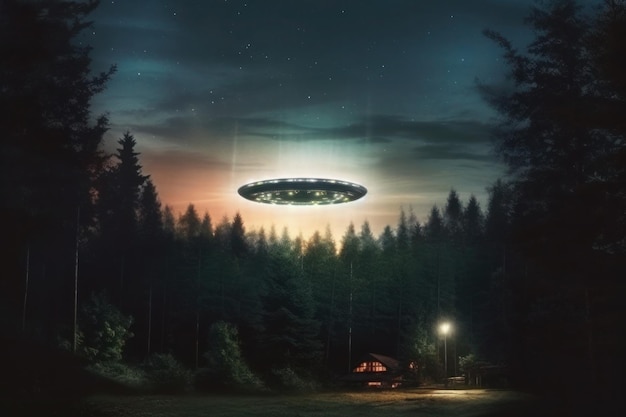 UFO in the dark sky over the dark taiga at night AI generated