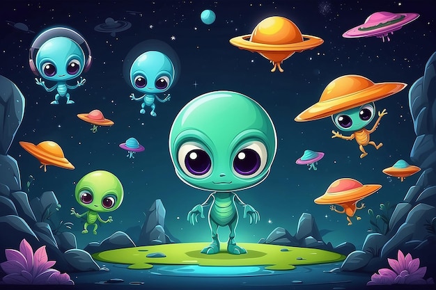 Photo ufo day background with copyspace cutecartoon aliens collection commercial banner room for copy