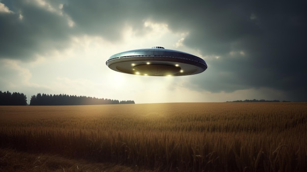 Ufo flying over a field with a cloudy sky in the background