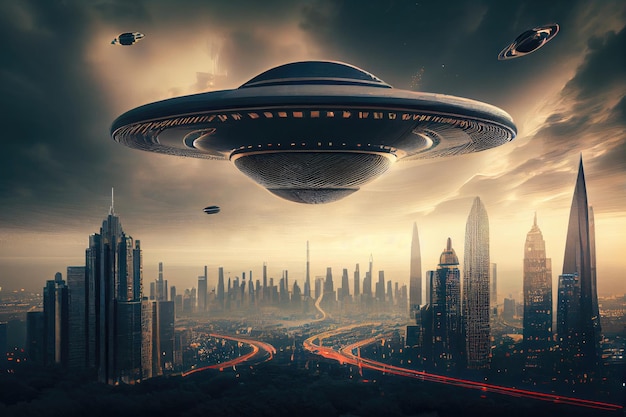 Ufo flying over futuristic city with skyscrapers and flying vehicles visible in the background