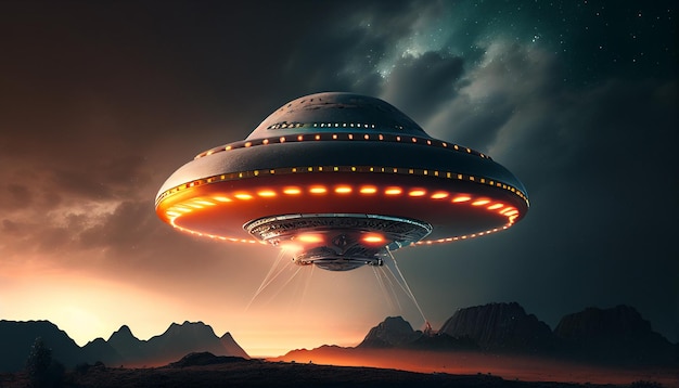 A ufo flying over a mountain with a dark sky in the background