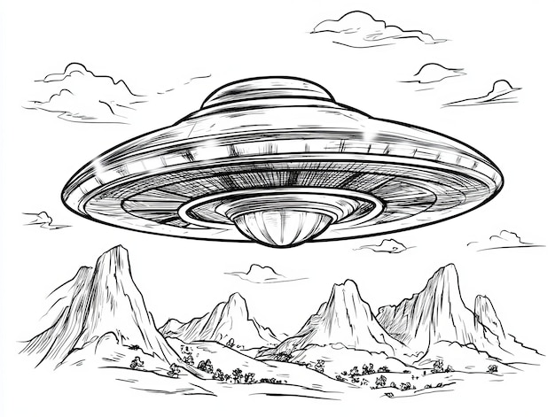 Photo ufo flying over the mountains vector illustration in black and white