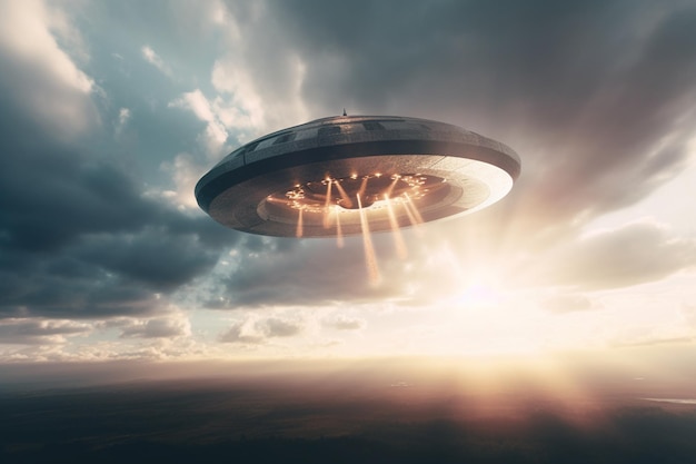 Ufo flying over the ocean with a cloudy sky in the background