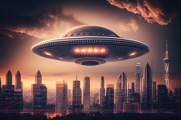 Ufo hovering above futuristic cityscape of the future