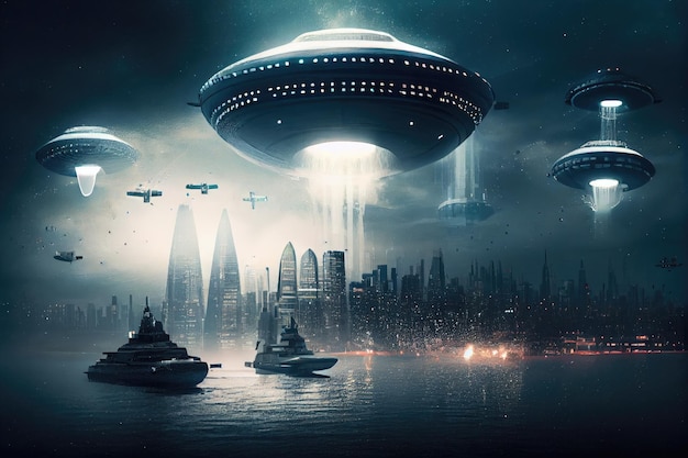 Ufo invasion with ships descending and taking position over major cities created with generative ai