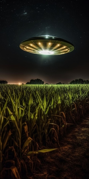 A ufo is flying over a corn field with a light on it