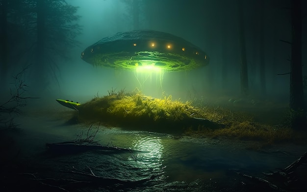 A ufo is lit up in a dark forest.