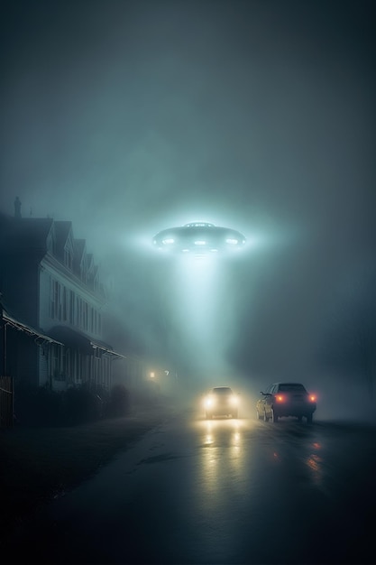 Ufo landing mysterious lights and alien reveal in the dark night