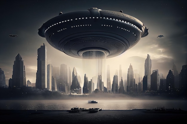 Ufo landing with view of futuristic city in the background