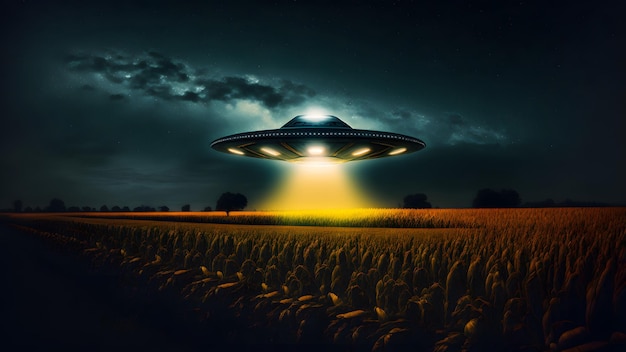 Ufo saucer hovering over corn field at starry night with wide beam of light underneath neural