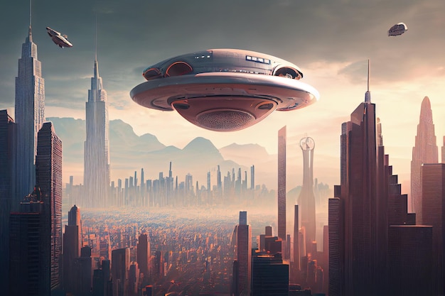 Ufo soaring over futuristic cityscape with skyscrapers and flying cars visible in the background