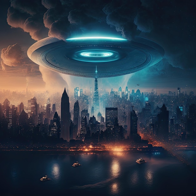 UFO with blue lights flying over a city on a dark night Concept of extraterrestrial life and alien invasion