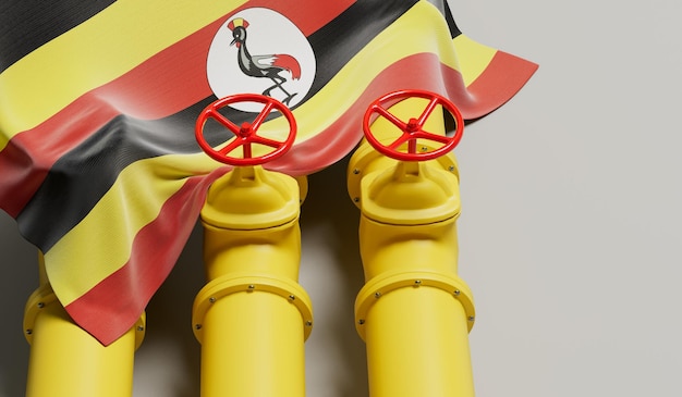 Uganda flag covering an oil and gas fuel pipe line Oil industry concept 3D Rendering