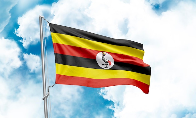 Uganda flag waving on sky background 3D Rendering