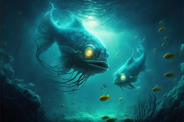 Ugly alien fishes swimming in murky water created with generative ai