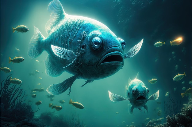 Ugly alien fishes swimming in murky water created with generative ai