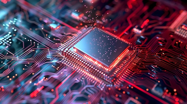 UHD Image of Vibrant Circuit Board with Red and Blue Lights