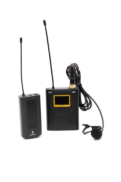 UHF Wireless, rechargeable lavalier microphone system, isolated on white background.