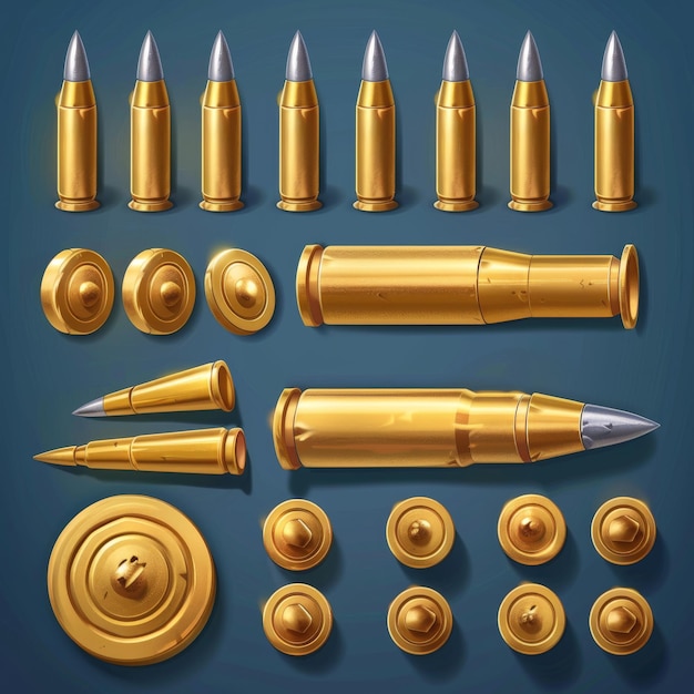 Photo ui hud 3d game icons of large golden bullets cartoony stylized simple casual sharp crisp