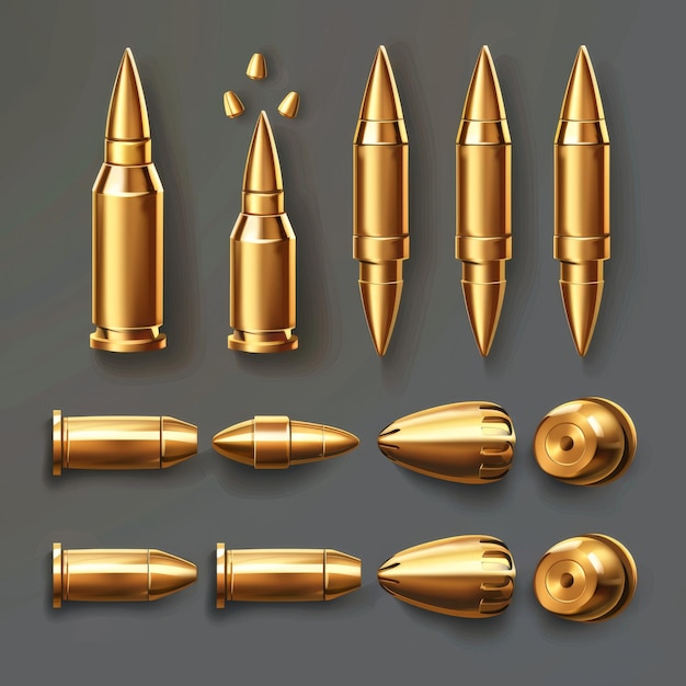 Photo ui hud 3d game icons of large golden piercing bullets cartoony stylized simple casual sharp crisp