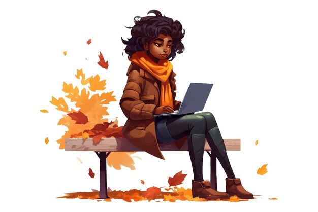 Ui set vector illustration of african american woman working by laptop outdoors isolate on white