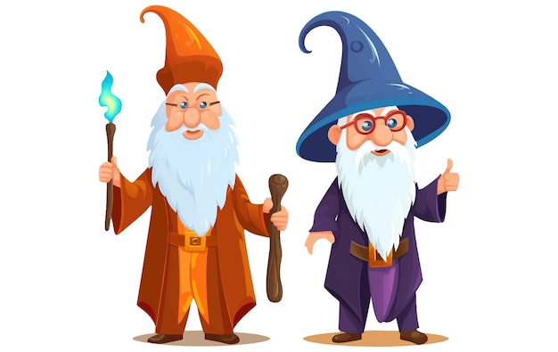 Ui set vector illustration of old wizard man with gray beard and magic hat isolated on white