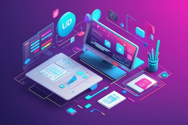 Ui UX design concept 3D illustration Icon composition with computer display