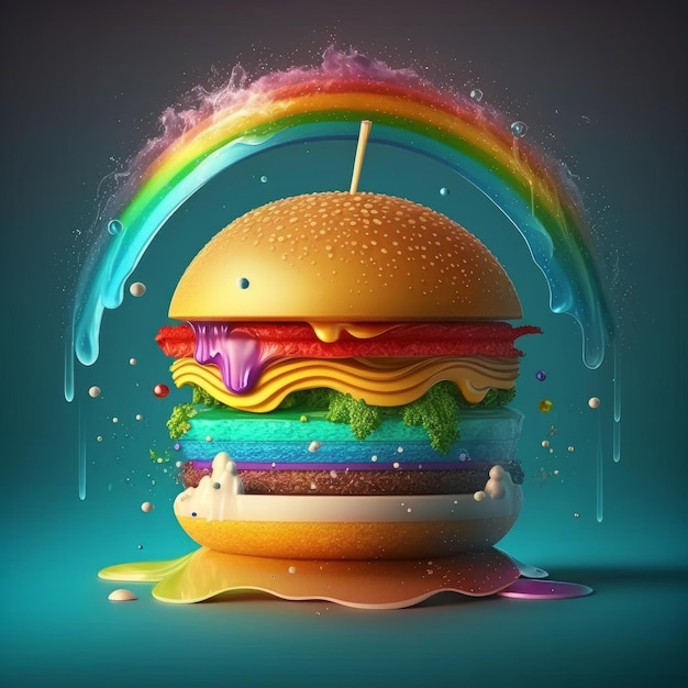 Ui ux hamburger dripping with cheese with rainbow cream generative AI