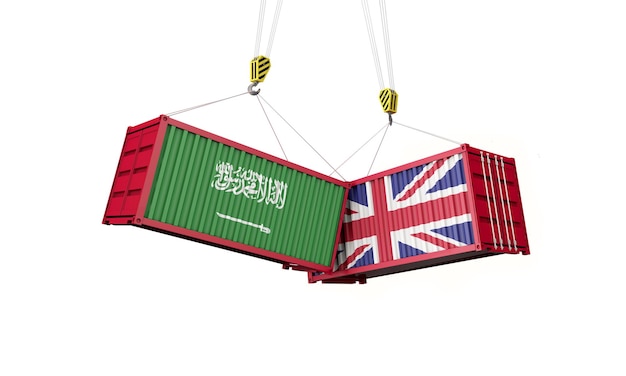 UK and saudi arabia business trade deal Clashing cargo containers 3D Render