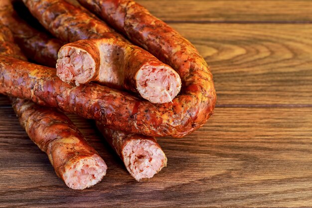 Ukarinian homemade kielbasa homemade pork sausage, spiral baked