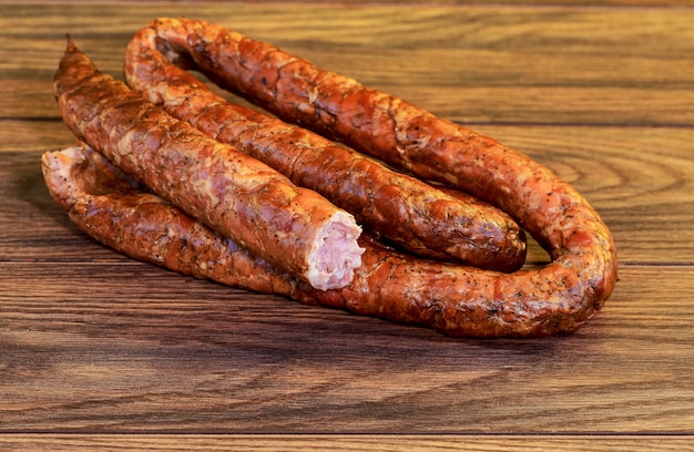 Ukarinian homemade kielbasa  pork sausage, spiral baked