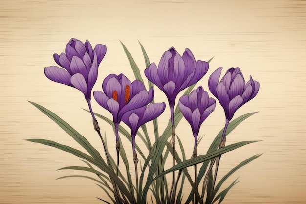 Ukiyoe art print style Crocus flower crocus plant