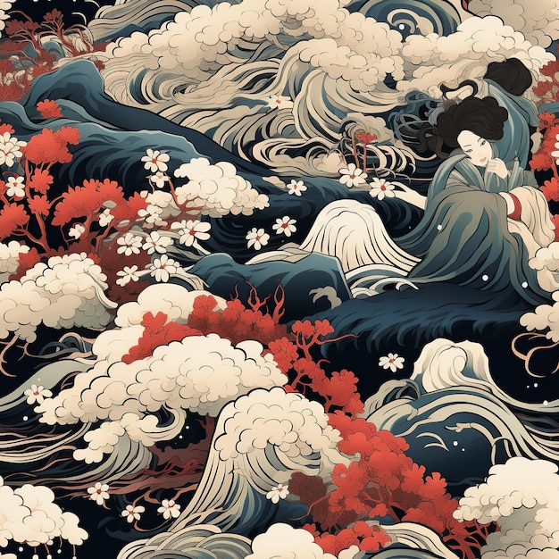 Photo ukiyoe inspired a vivid seamless pattern