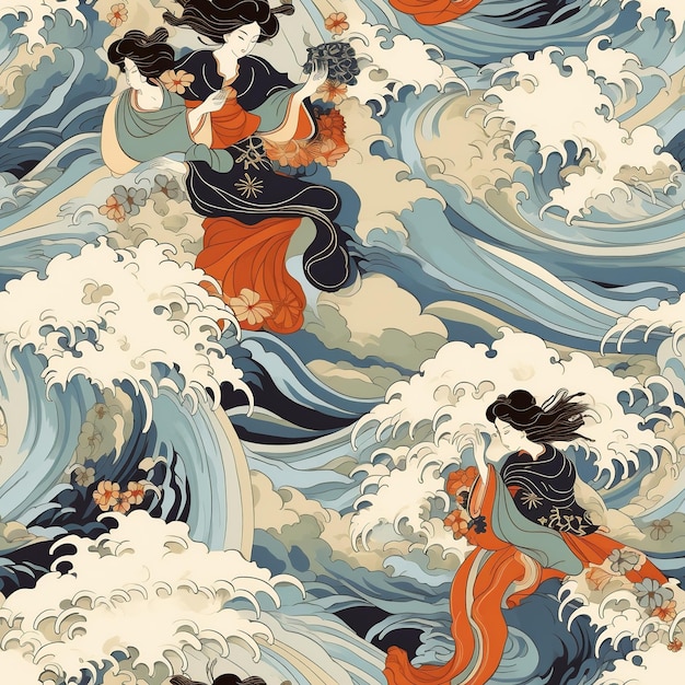 Photo ukiyoe inspired a vivid seamless pattern