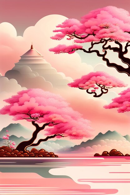 Ukiyoe style design of cherry blossoms and clouds in pink tones and colors Aigenerated illustration