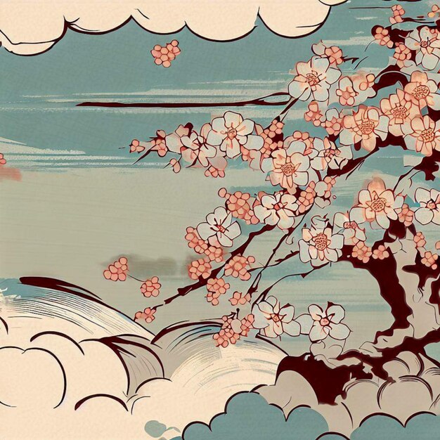 ukiyoe style design of cherry blossoms and clouds