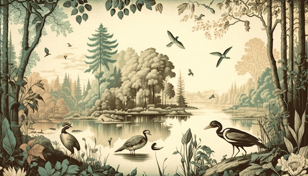 Ukiyoe wallpaper of forest landscape with lake plants trees birdsGenerative AI