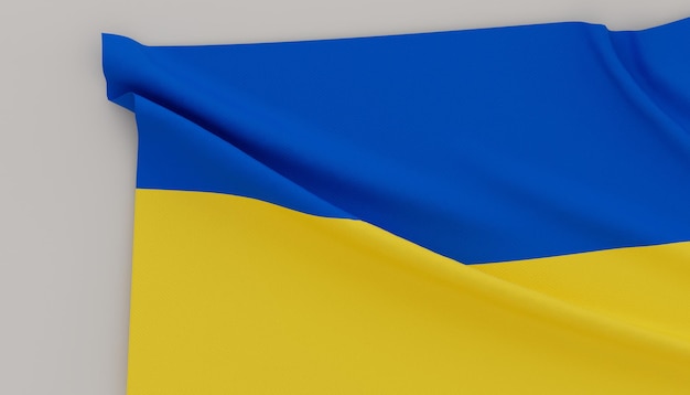 Ukraine flag 3d illustration rendering State symbol on white background Flat lay long horizontal banner with space for text Realistic emblem War in Ukraine agression and support