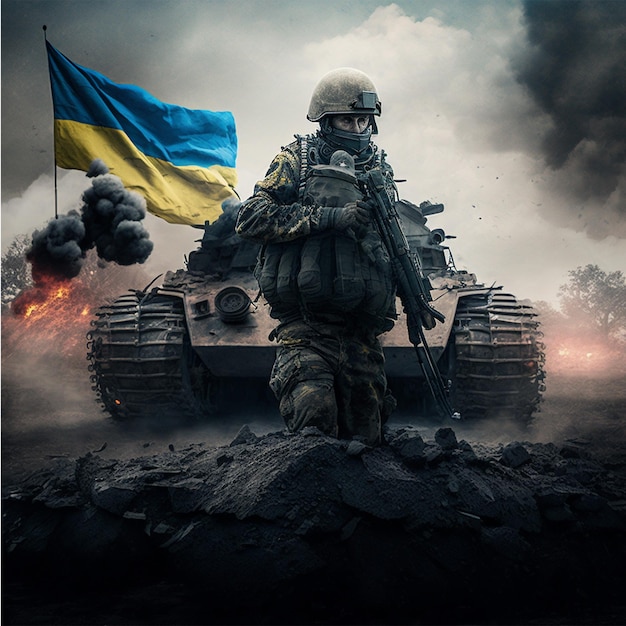 Ukraine flag and soldier victory Ukrainian military