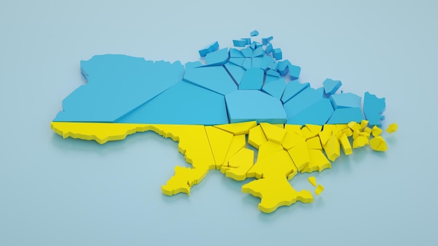 Ukraine map in a blue and yellow color Ukrainian territory broken on a pieces War concept 3d