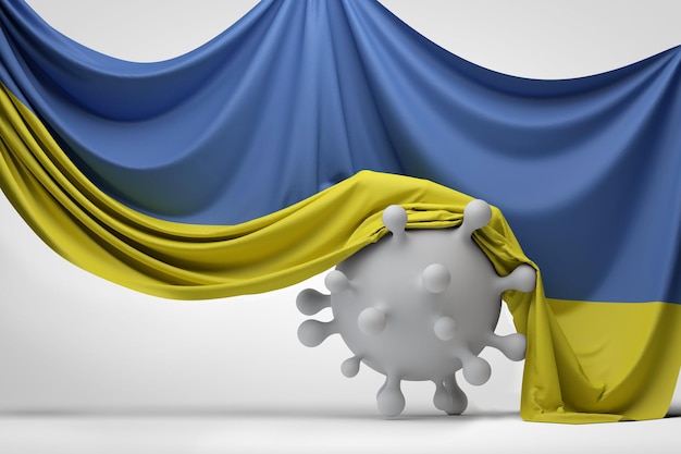 Ukraine national flag draped over a Covid virus disease molecule 3D Rendering