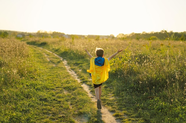 Ukraine's Independence Day Ukrainian child boy in white t shirt with yellow and blue flag of Ukraine in field Flag of Ukraine Constitution day Stand with Ukraine Save Ukraine