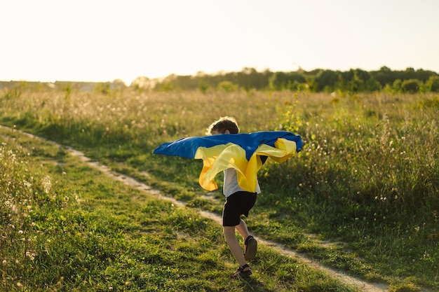 Ukraine's Independence Day Ukrainian child boy in white t shirt with yellow and blue flag of Ukraine in field Flag of Ukraine Constitution day Stand with Ukraine Save Ukraine