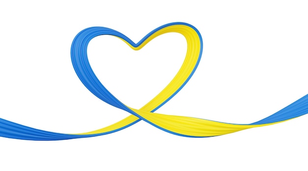 Ukraine support banner heart shaped abstract wavy ribbon in colors of national flag 3D render illustration