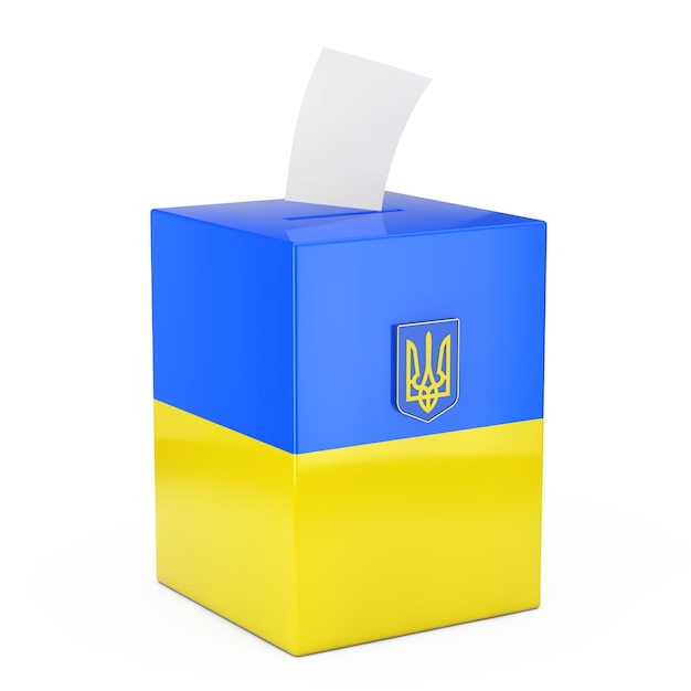 Ukraine Vote Concept. Vote Paper falls in to Vote Box with Ukraine Flag and Coat Of Arms on a white background. 3d Rendering