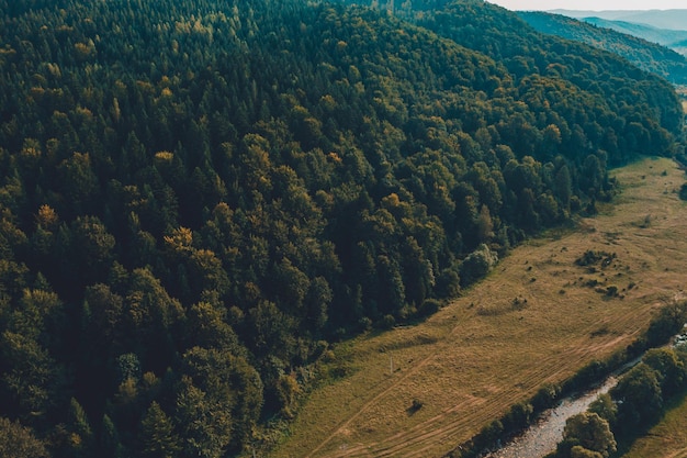 Ukrainian Carpathian rivers and villages picturesque landscape from above