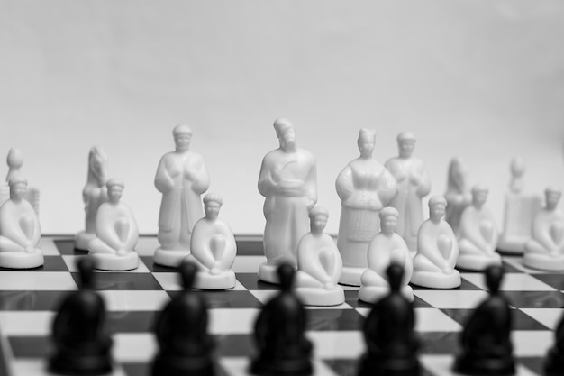 Ukrainian chess with Gogol's heroes on the board symbolizes battle and war