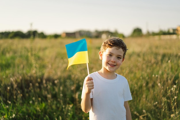 Ukrainian child boy in white t shirt with yellow and blue flag of Ukraine in field